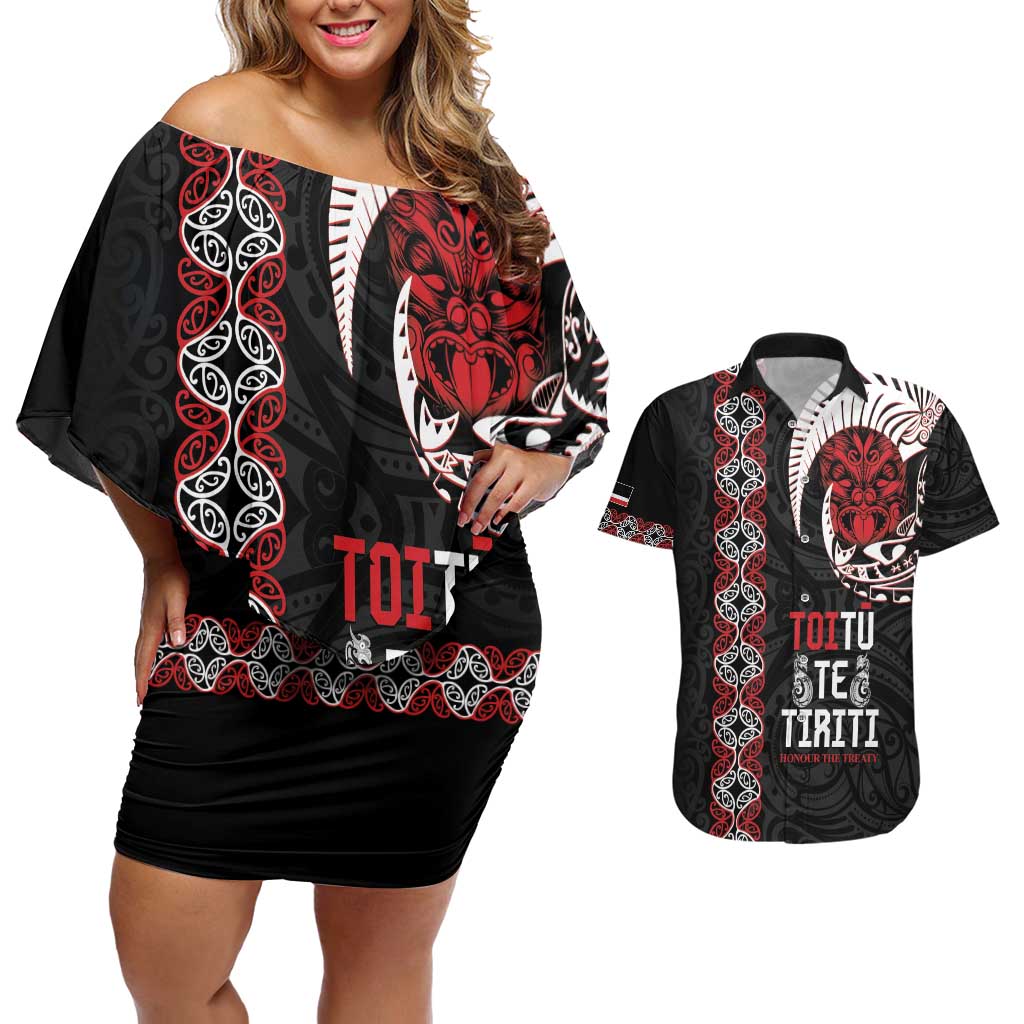 Aotearoa Toitu Te Tiriti Couples Matching Off Shoulder Short Dress and Hawaiian Shirt Honour The Treaty Maori Haka LT14 Black - Polynesian Pride
