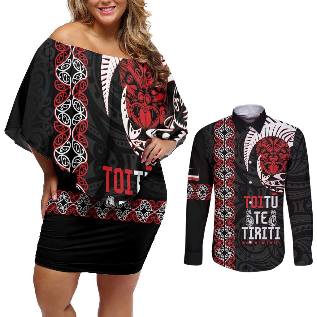 Aotearoa Toitu Te Tiriti Couples Matching Off Shoulder Short Dress and Long Sleeve Button Shirt Honour The Treaty Maori Haka LT14 Black - Polynesian Pride
