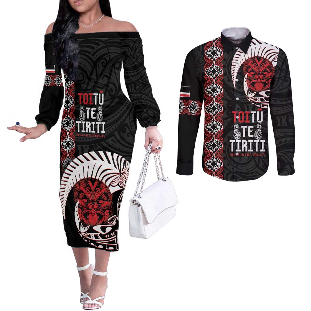 Aotearoa Toitu Te Tiriti Couples Matching Off The Shoulder Long Sleeve Dress and Long Sleeve Button Shirt Honour The Treaty Maori Haka LT14 Black - Polynesian Pride