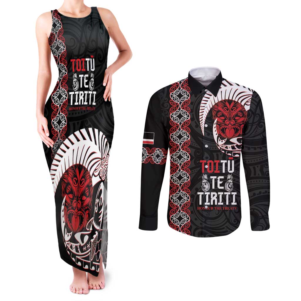Aotearoa Toitu Te Tiriti Couples Matching Tank Maxi Dress and Long Sleeve Button Shirt Honour The Treaty Maori Haka LT14 Black - Polynesian Pride