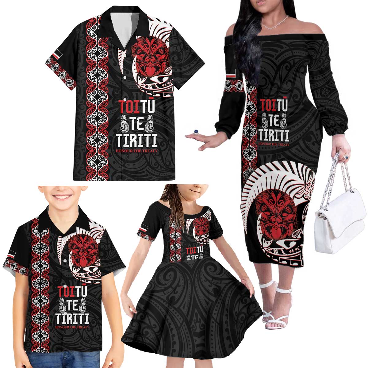 Aotearoa Toitu Te Tiriti Family Matching Off The Shoulder Long Sleeve Dress and Hawaiian Shirt Honour The Treaty Maori Haka