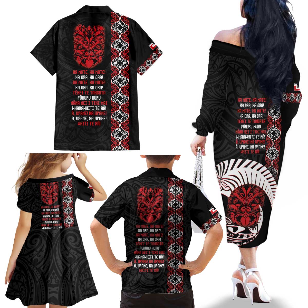 Aotearoa Toitu Te Tiriti Family Matching Off The Shoulder Long Sleeve Dress and Hawaiian Shirt Honour The Treaty Maori Haka
