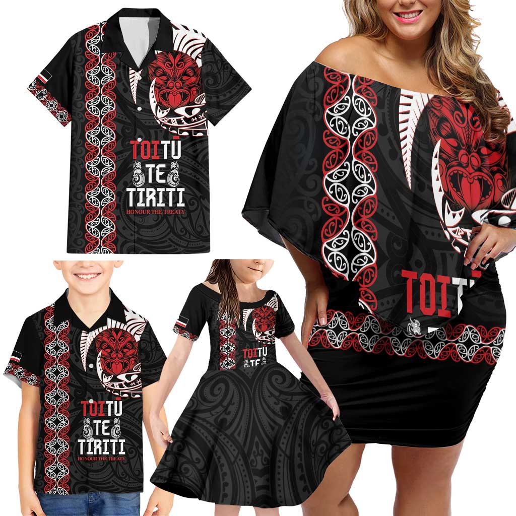 Aotearoa Toitu Te Tiriti Family Matching Off Shoulder Short Dress and Hawaiian Shirt Honour The Treaty Maori Haka