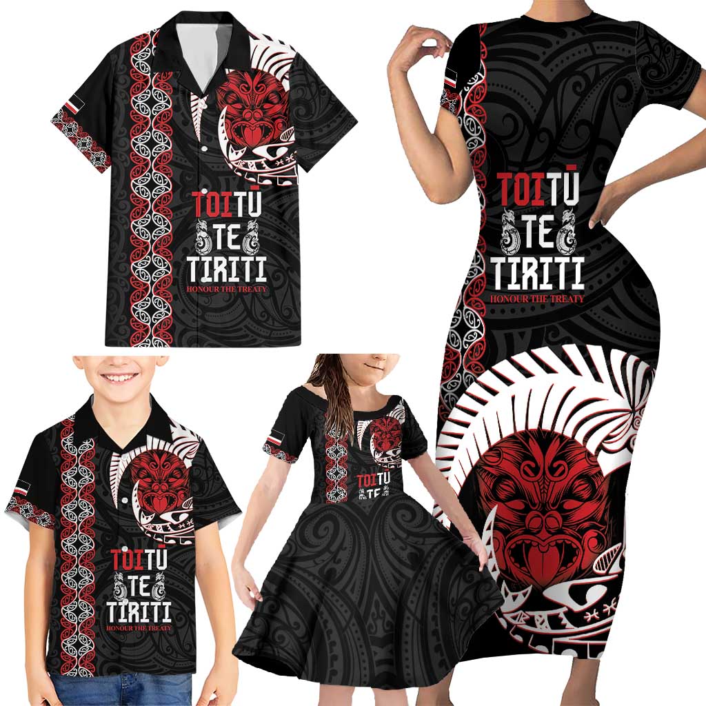 Aotearoa Toitu Te Tiriti Family Matching Short Sleeve Bodycon Dress and Hawaiian Shirt Honour The Treaty Maori Haka