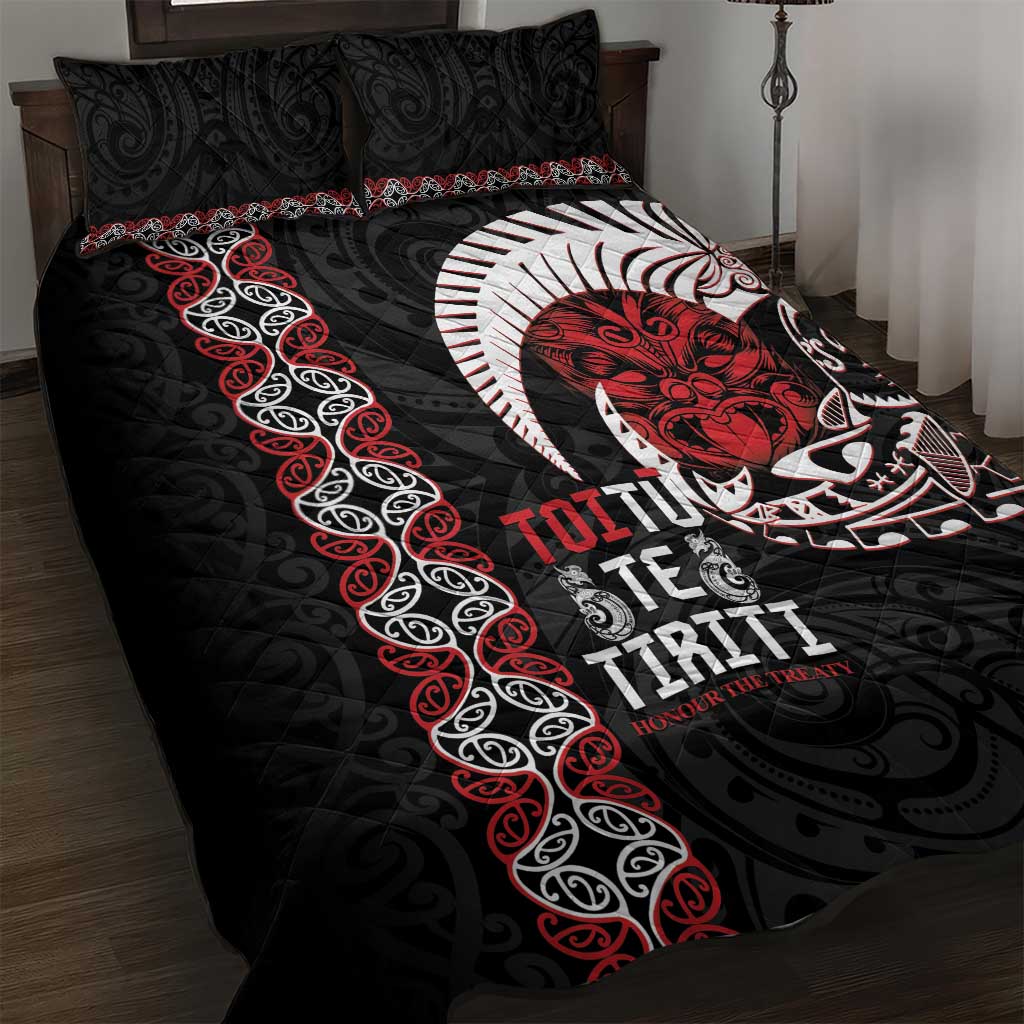 Aotearoa Toitu Te Tiriti Quilt Bed Set Honour The Treaty Maori Haka LT14 Black - Polynesian Pride