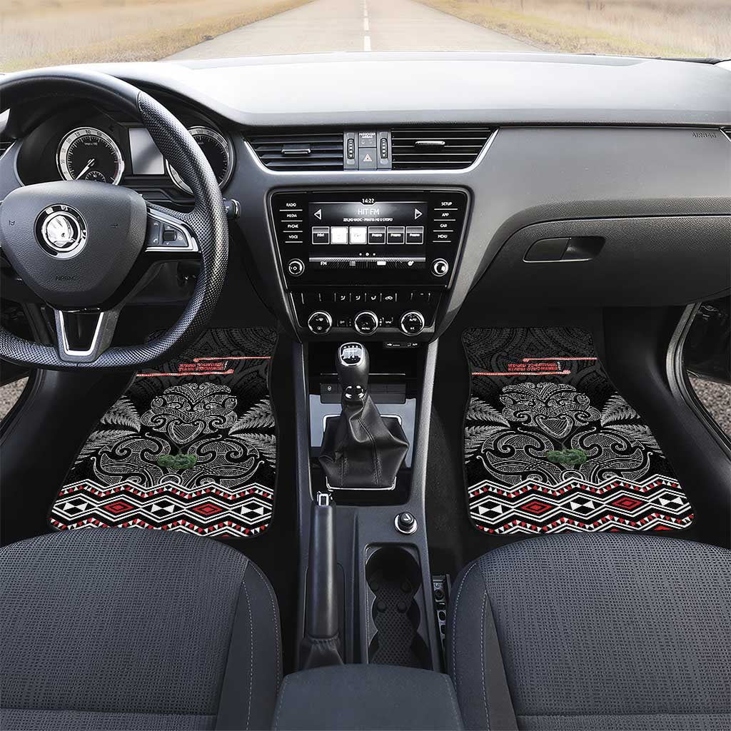 Aotearoa Toitu Te Tiriti Car Mats Stand Together! Stand Stronger! - NZ Tiki LT14 Set 2pcs - Front Black - Polynesian Pride