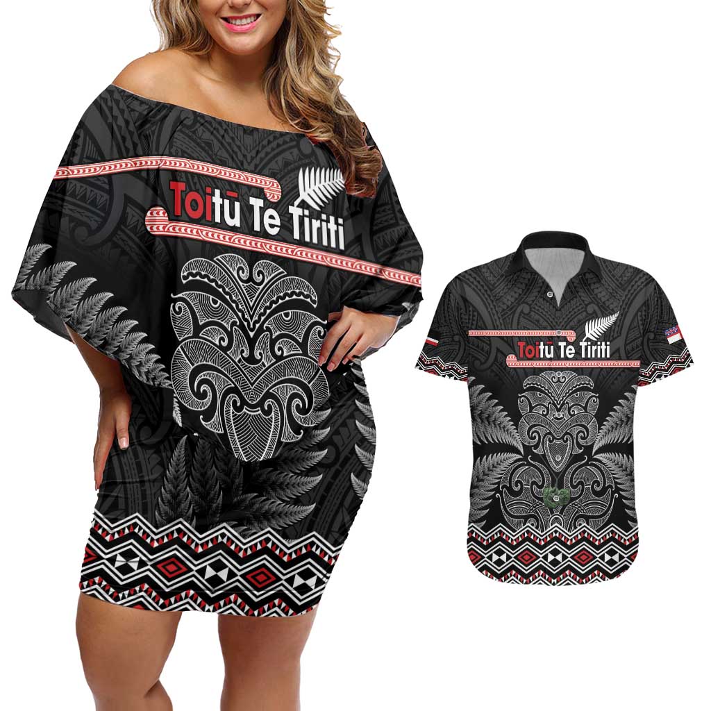 Aotearoa Toitu Te Tiriti Couples Matching Off Shoulder Short Dress and Hawaiian Shirt Stand Together! Stand Stronger! - NZ Tiki LT14 Black - Polynesian Pride