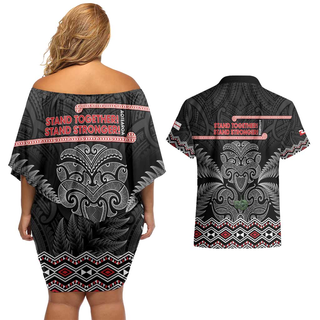 Aotearoa Toitu Te Tiriti Couples Matching Off Shoulder Short Dress and Hawaiian Shirt Stand Together! Stand Stronger! - NZ Tiki