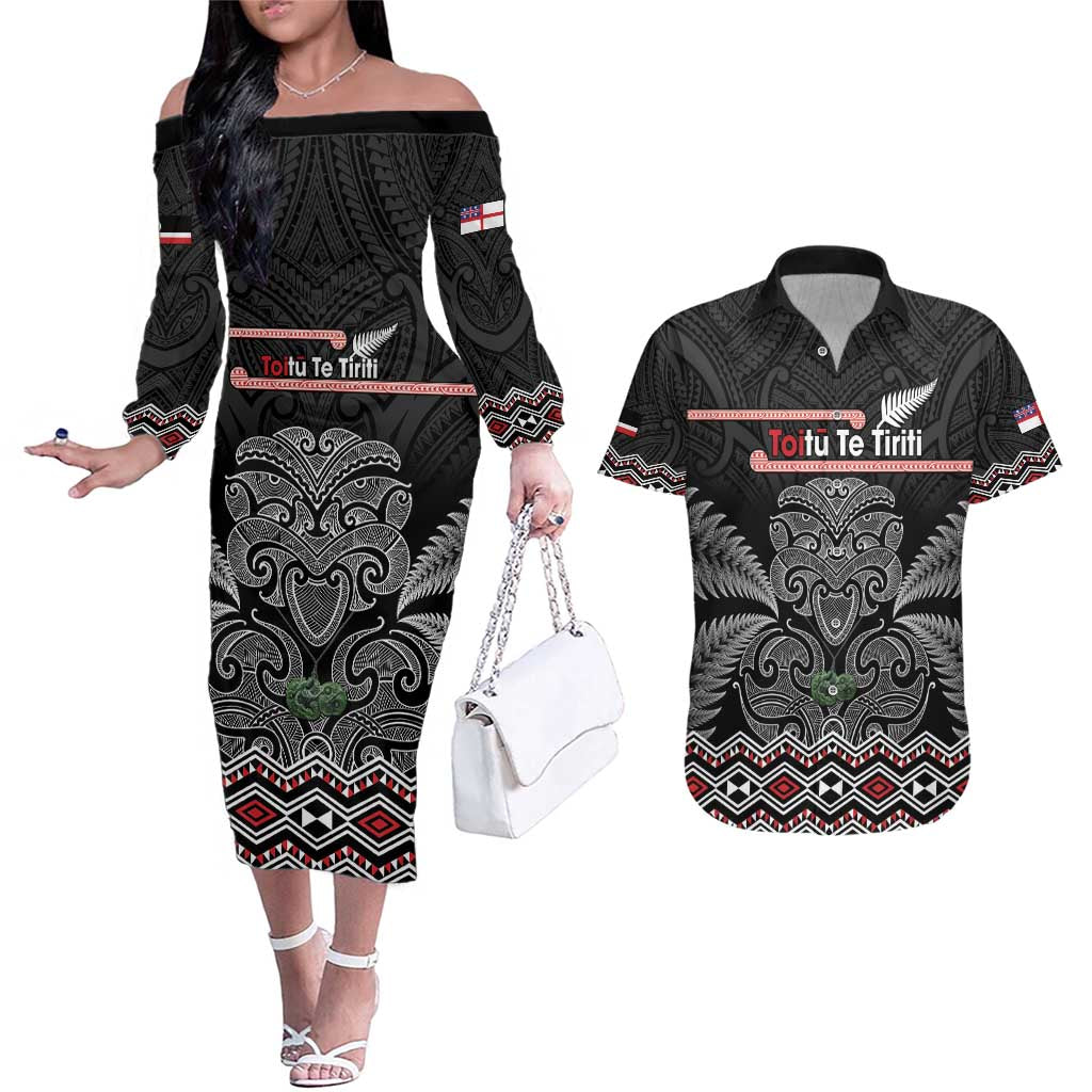 Aotearoa Toitu Te Tiriti Couples Matching Off The Shoulder Long Sleeve Dress and Hawaiian Shirt Stand Together! Stand Stronger! - NZ Tiki LT14 Black - Polynesian Pride