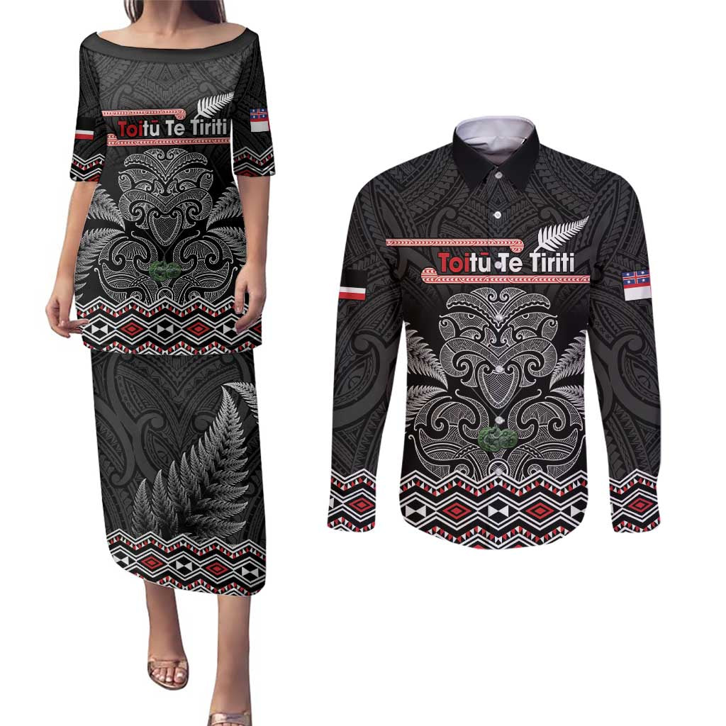 Aotearoa Toitu Te Tiriti Couples Matching Puletasi and Long Sleeve Button Shirt Stand Together! Stand Stronger! - NZ Tiki LT14 Black - Polynesian Pride