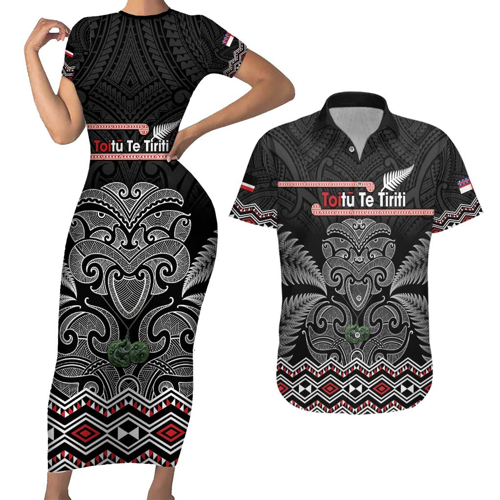 Aotearoa Toitu Te Tiriti Couples Matching Short Sleeve Bodycon Dress and Hawaiian Shirt Stand Together! Stand Stronger! - NZ Tiki LT14 Black - Polynesian Pride