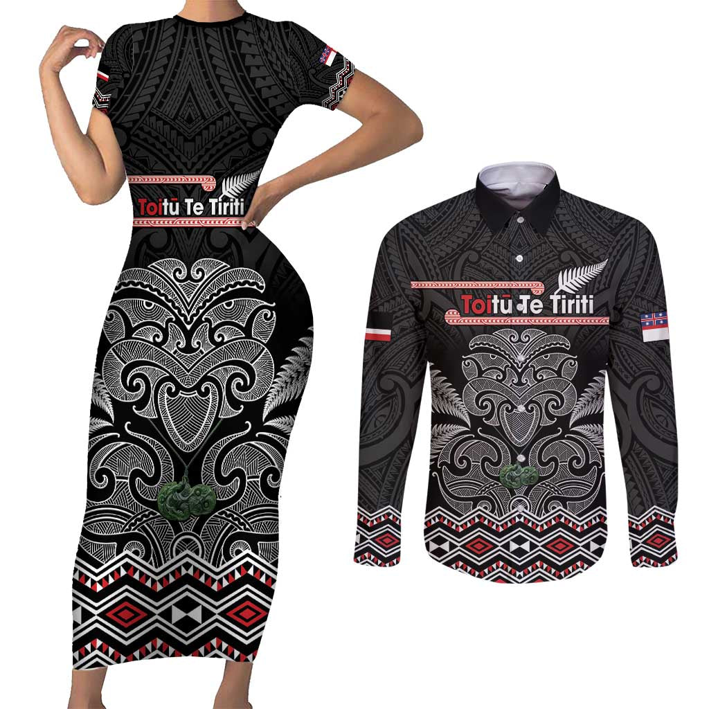 Aotearoa Toitu Te Tiriti Couples Matching Short Sleeve Bodycon Dress and Long Sleeve Button Shirt Stand Together! Stand Stronger! - NZ Tiki LT14 Black - Polynesian Pride
