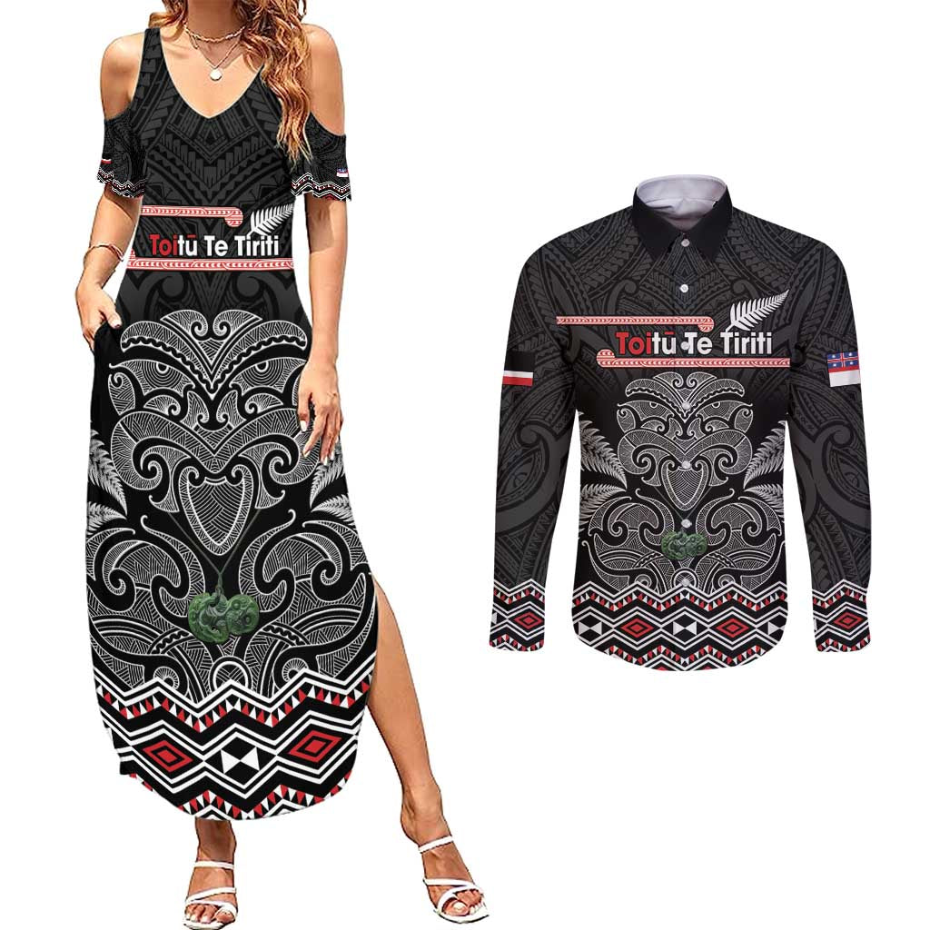 Aotearoa Toitu Te Tiriti Couples Matching Summer Maxi Dress and Long Sleeve Button Shirt Stand Together! Stand Stronger! - NZ Tiki LT14 Black - Polynesian Pride
