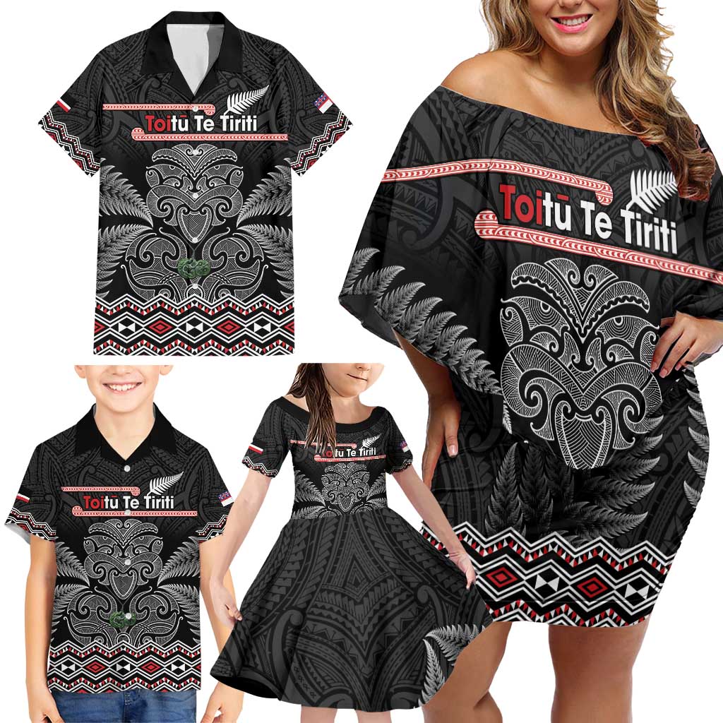 Aotearoa Toitu Te Tiriti Family Matching Off Shoulder Short Dress and Hawaiian Shirt Stand Together! Stand Stronger! - NZ Tiki