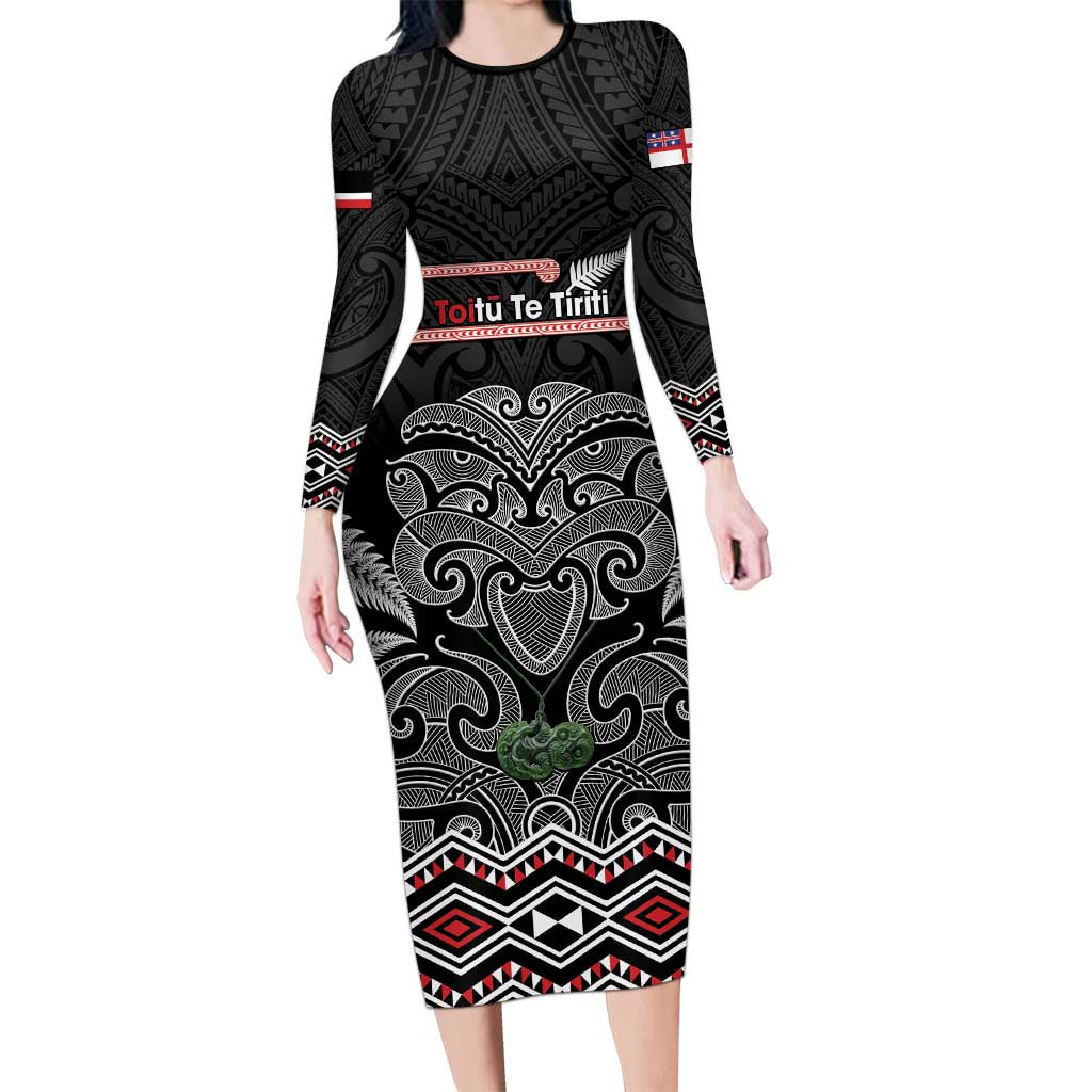 Aotearoa Toitu Te Tiriti Long Sleeve Bodycon Dress Stand Together! Stand Stronger! - NZ Tiki