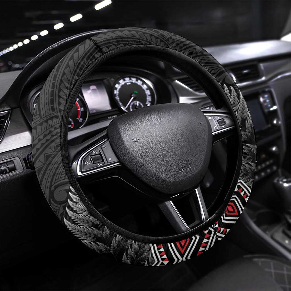 Aotearoa Toitu Te Tiriti Steering Wheel Cover Stand Together! Stand Stronger! - NZ Tiki LT14 Universal Fit Black - Polynesian Pride