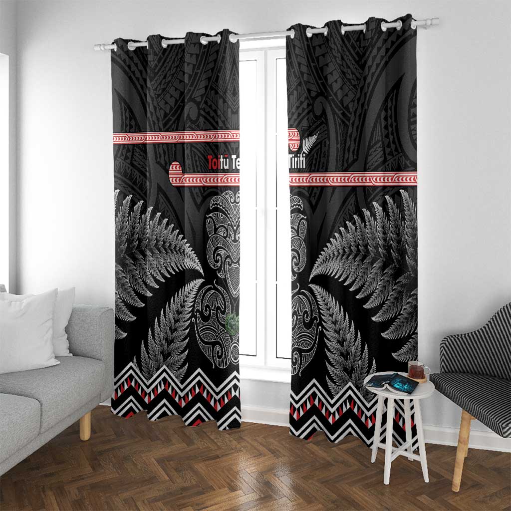 Aotearoa Toitu Te Tiriti Window Curtain Stand Together! Stand Stronger! - NZ Tiki LT14 With Grommets Black - Polynesian Pride