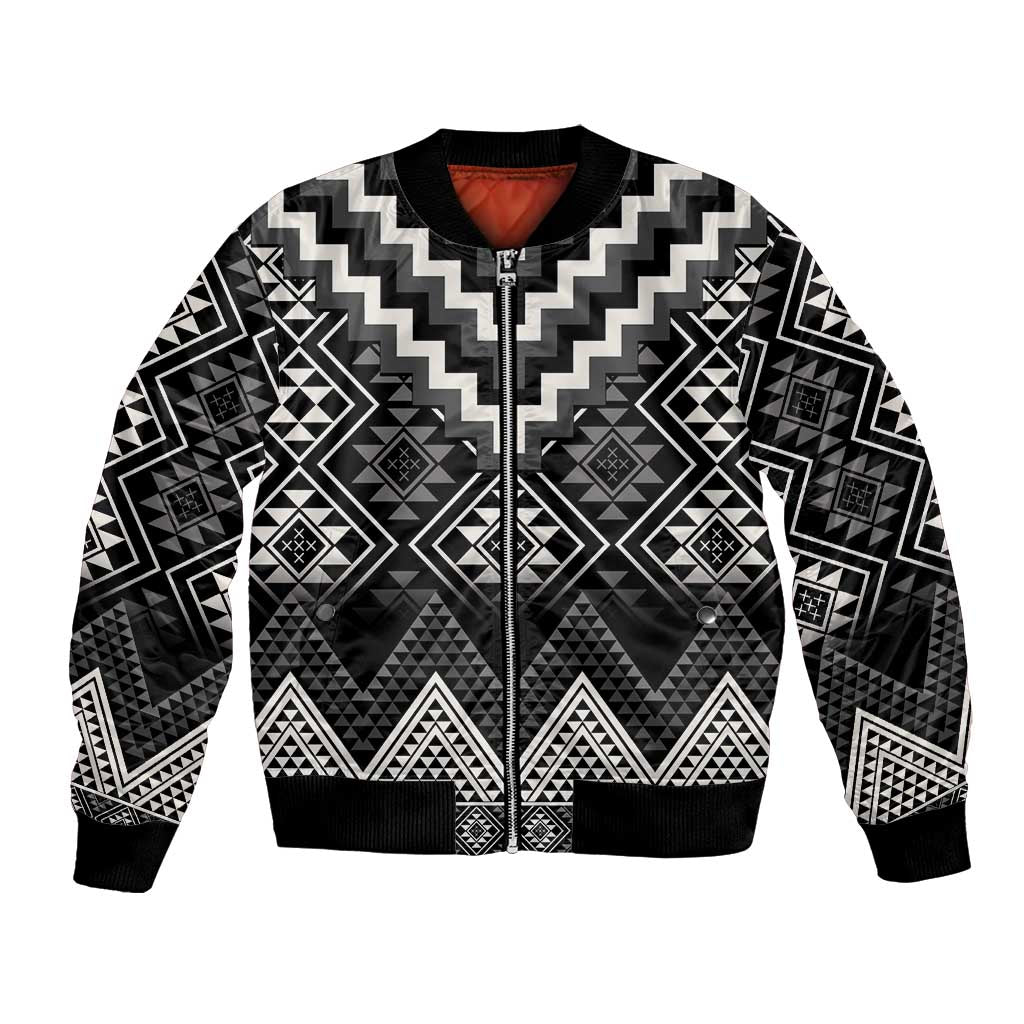 Black Taniko Aotearoa Bomber Jacket Niho Taniwha Mix Poutama