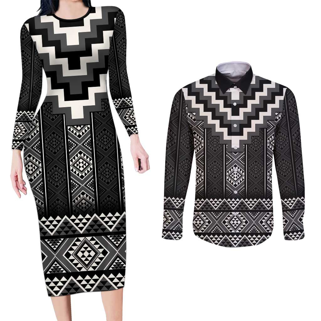 Black Taniko Aotearoa Couples Matching Long Sleeve Bodycon Dress and Long Sleeve Button Shirt Niho Taniwha Mix Poutama LT14 Black - Polynesian Pride