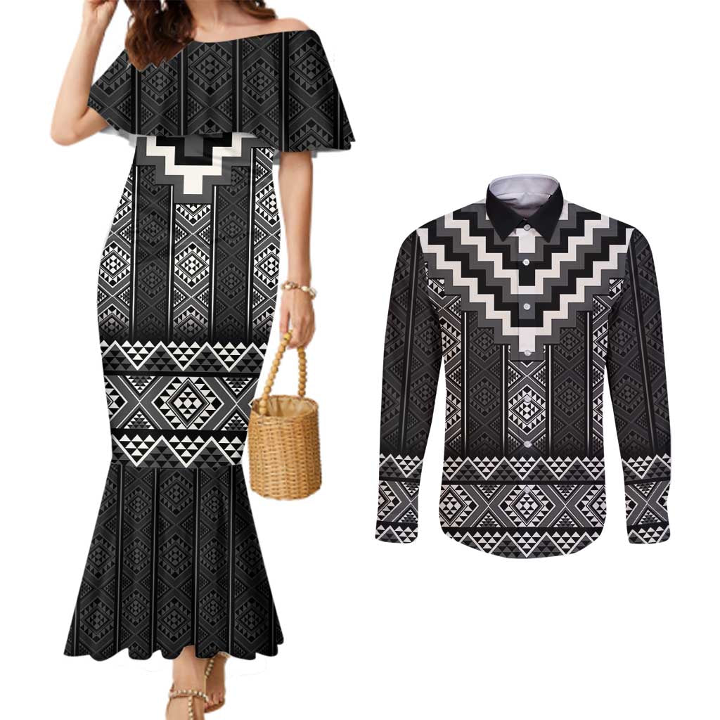 Black Taniko Aotearoa Couples Matching Mermaid Dress and Long Sleeve Button Shirt Niho Taniwha Mix Poutama LT14 Black - Polynesian Pride