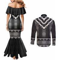 Black Taniko Aotearoa Couples Matching Mermaid Dress and Long Sleeve Button Shirt Niho Taniwha Mix Poutama LT14 - Polynesian Pride