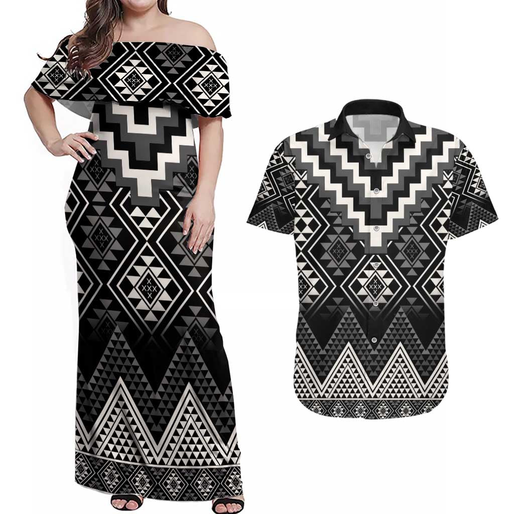 Black Taniko Aotearoa Couples Matching Off Shoulder Maxi Dress and Hawaiian Shirt Niho Taniwha Mix Poutama