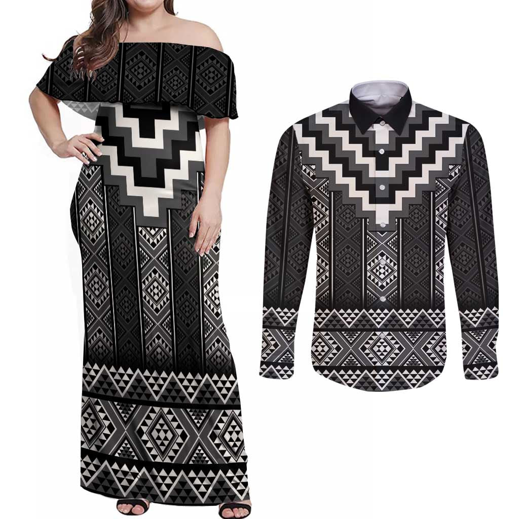 Black Taniko Aotearoa Couples Matching Off Shoulder Maxi Dress and Long Sleeve Button Shirt Niho Taniwha Mix Poutama LT14 Black - Polynesian Pride
