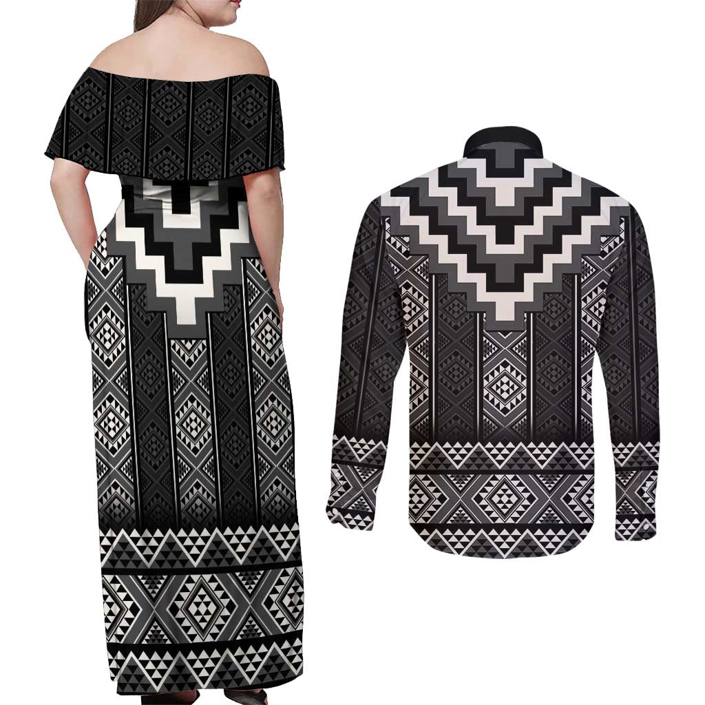 Black Taniko Aotearoa Couples Matching Off Shoulder Maxi Dress and Long Sleeve Button Shirt Niho Taniwha Mix Poutama LT14 - Polynesian Pride
