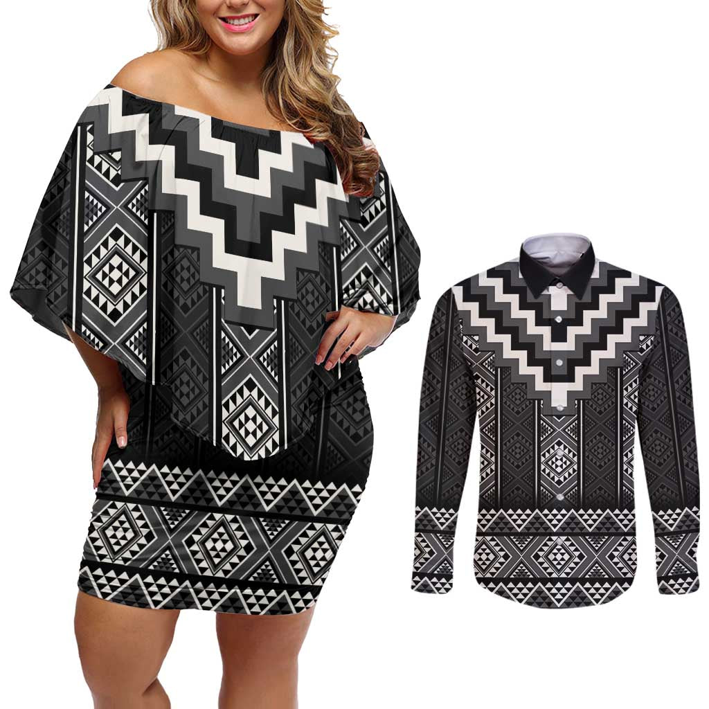Black Taniko Aotearoa Couples Matching Off Shoulder Short Dress and Long Sleeve Button Shirt Niho Taniwha Mix Poutama LT14 Black - Polynesian Pride