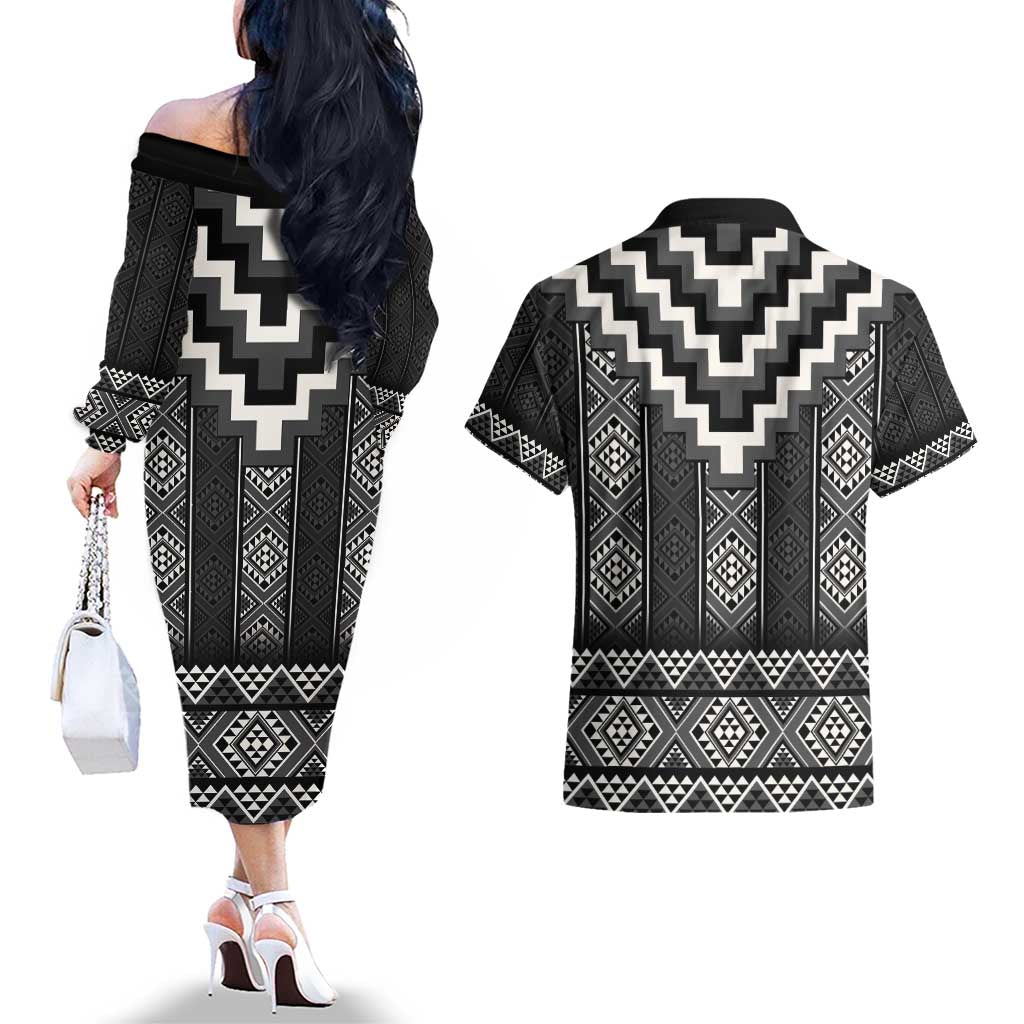 Black Taniko Aotearoa Couples Matching Off The Shoulder Long Sleeve Dress and Hawaiian Shirt Niho Taniwha Mix Poutama LT14