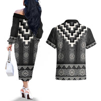 Black Taniko Aotearoa Couples Matching Off The Shoulder Long Sleeve Dress and Hawaiian Shirt Niho Taniwha Mix Poutama LT14