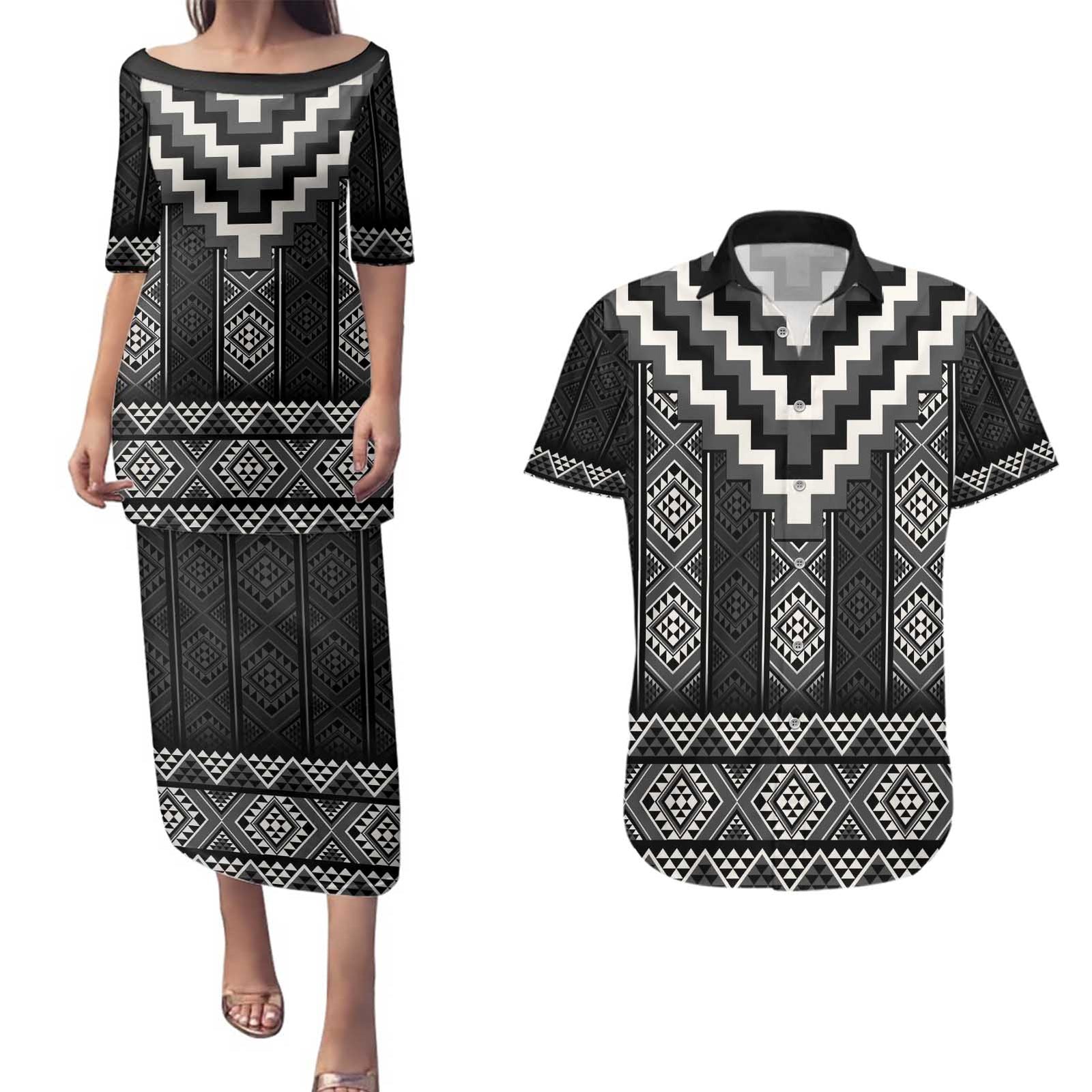 Black Taniko Aotearoa Couples Matching Puletasi and Hawaiian Shirt Niho Taniwha Mix Poutama LT14 Black - Polynesian Pride