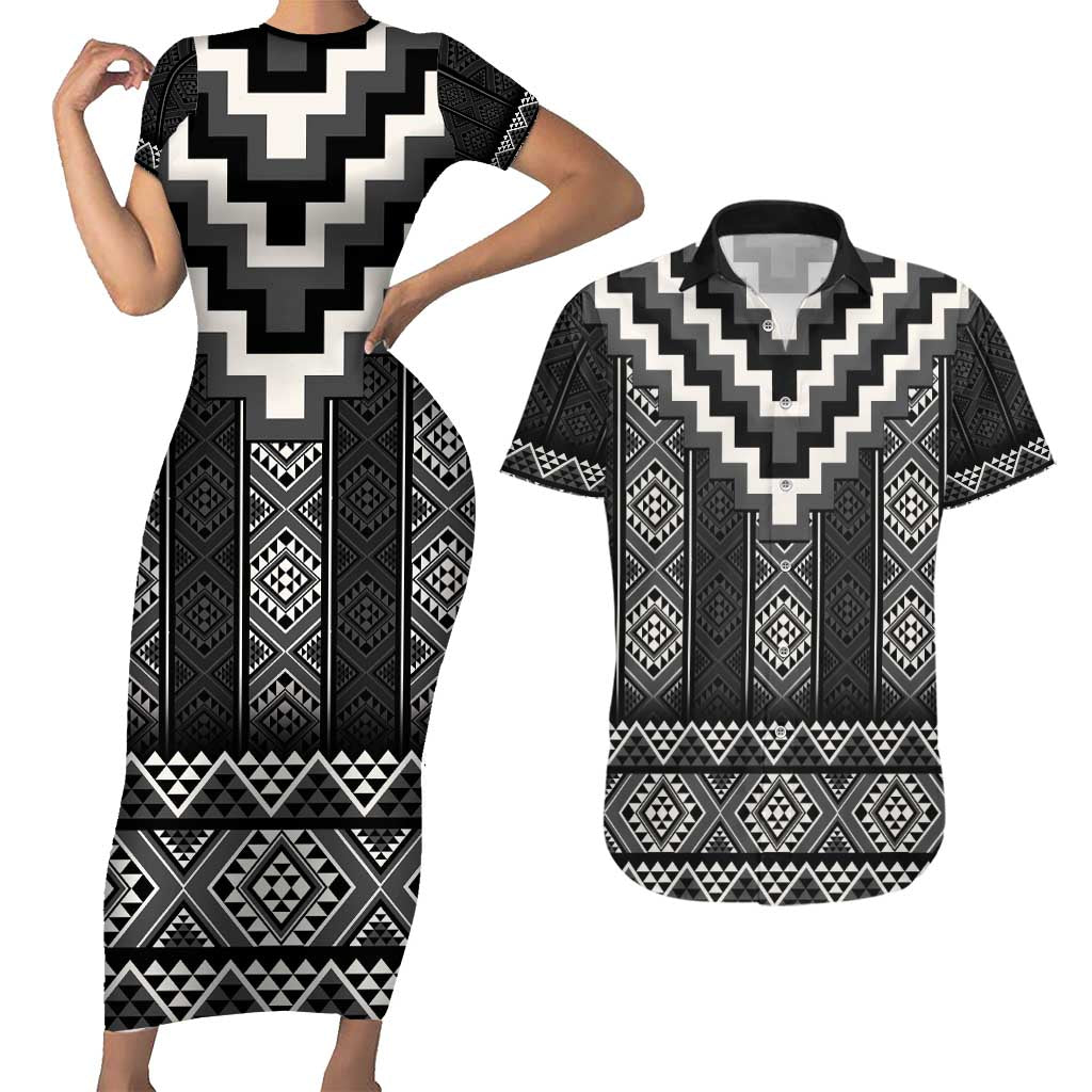 Black Taniko Aotearoa Couples Matching Short Sleeve Bodycon Dress and Hawaiian Shirt Niho Taniwha Mix Poutama LT14 Black - Polynesian Pride