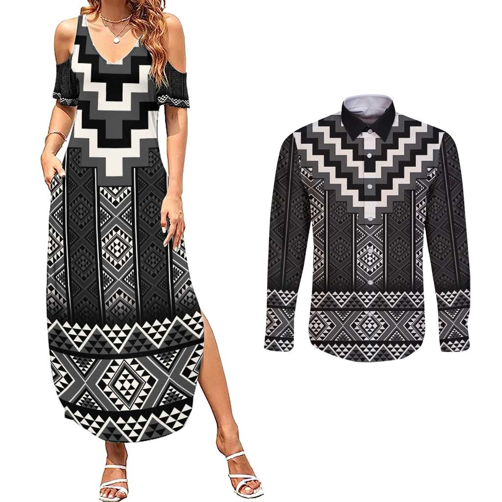 Black Taniko Aotearoa Couples Matching Summer Maxi Dress and Long Sleeve Button Shirt Niho Taniwha Mix Poutama LT14 Black - Polynesian Pride