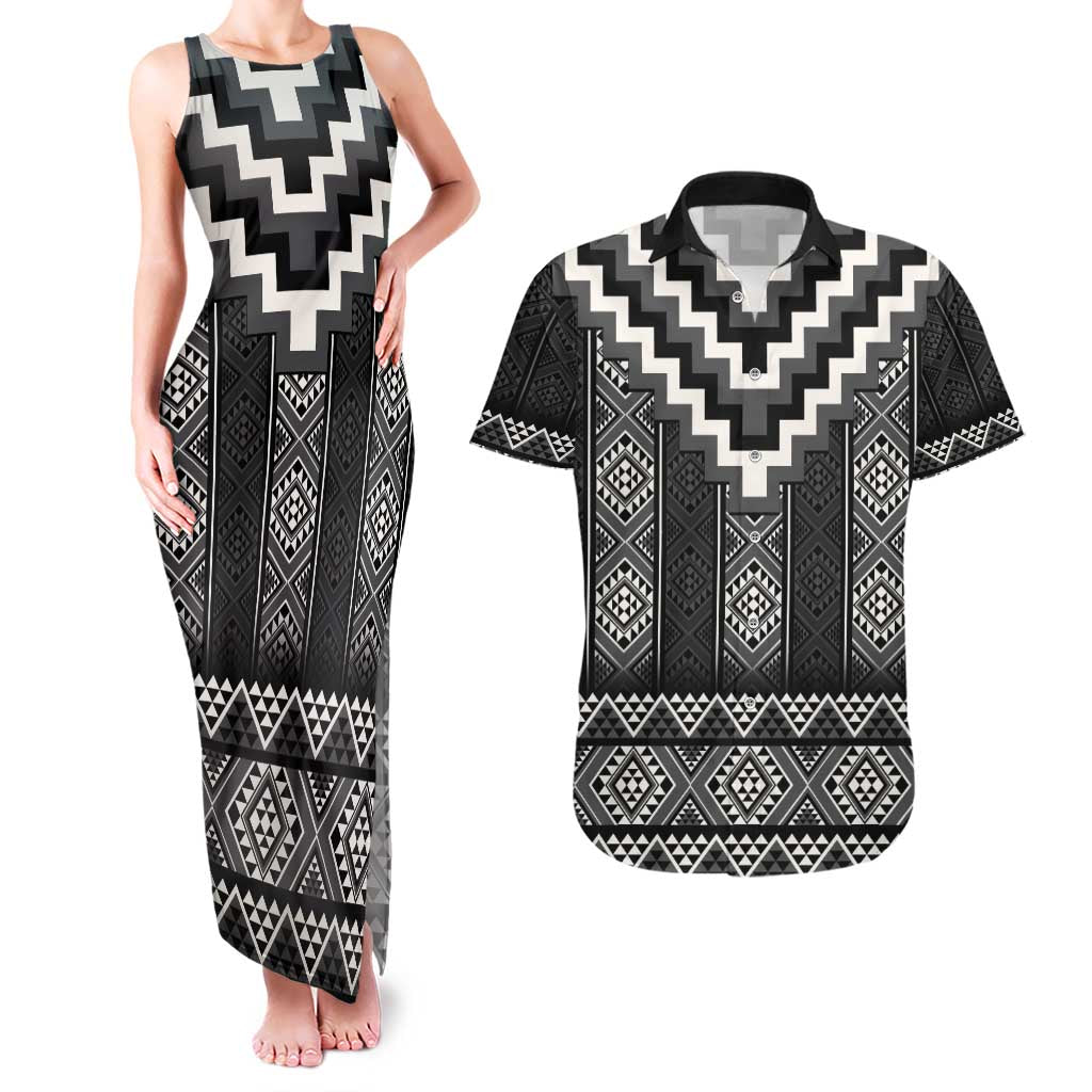 Black Taniko Aotearoa Couples Matching Tank Maxi Dress and Hawaiian Shirt Niho Taniwha Mix Poutama LT14 Black - Polynesian Pride