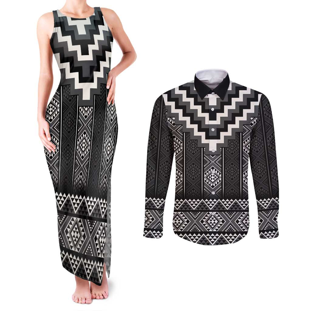 Black Taniko Aotearoa Couples Matching Tank Maxi Dress and Long Sleeve Button Shirt Niho Taniwha Mix Poutama LT14 Black - Polynesian Pride