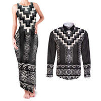 Black Taniko Aotearoa Couples Matching Tank Maxi Dress and Long Sleeve Button Shirt Niho Taniwha Mix Poutama LT14 Black - Polynesian Pride