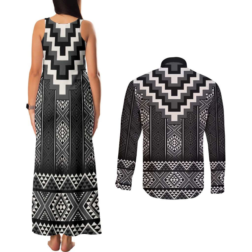 Black Taniko Aotearoa Couples Matching Tank Maxi Dress and Long Sleeve Button Shirt Niho Taniwha Mix Poutama LT14 - Polynesian Pride