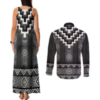 Black Taniko Aotearoa Couples Matching Tank Maxi Dress and Long Sleeve Button Shirt Niho Taniwha Mix Poutama LT14 - Polynesian Pride
