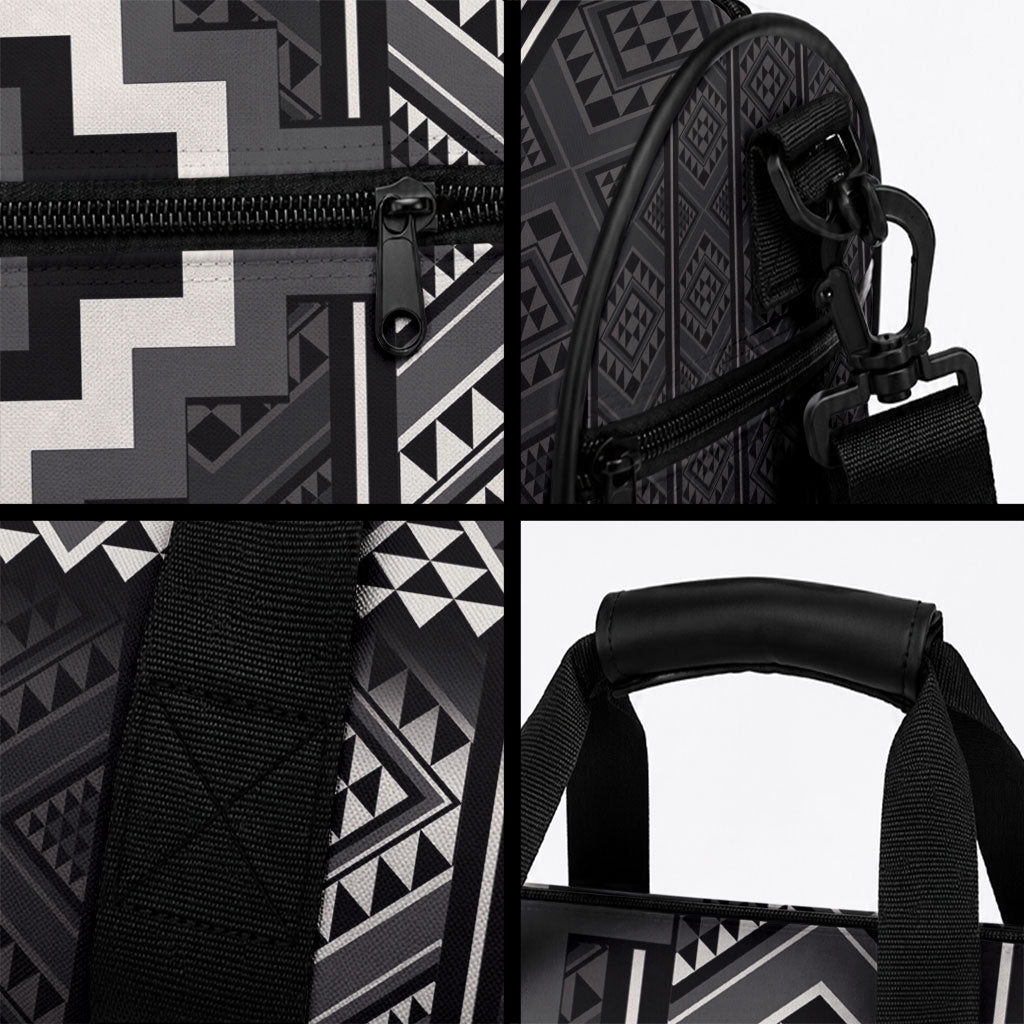 Black Taniko Motifs Aotearoa Duffle Bag Niho Taniwha Mix Poutama LT14 - Polynesian Pride