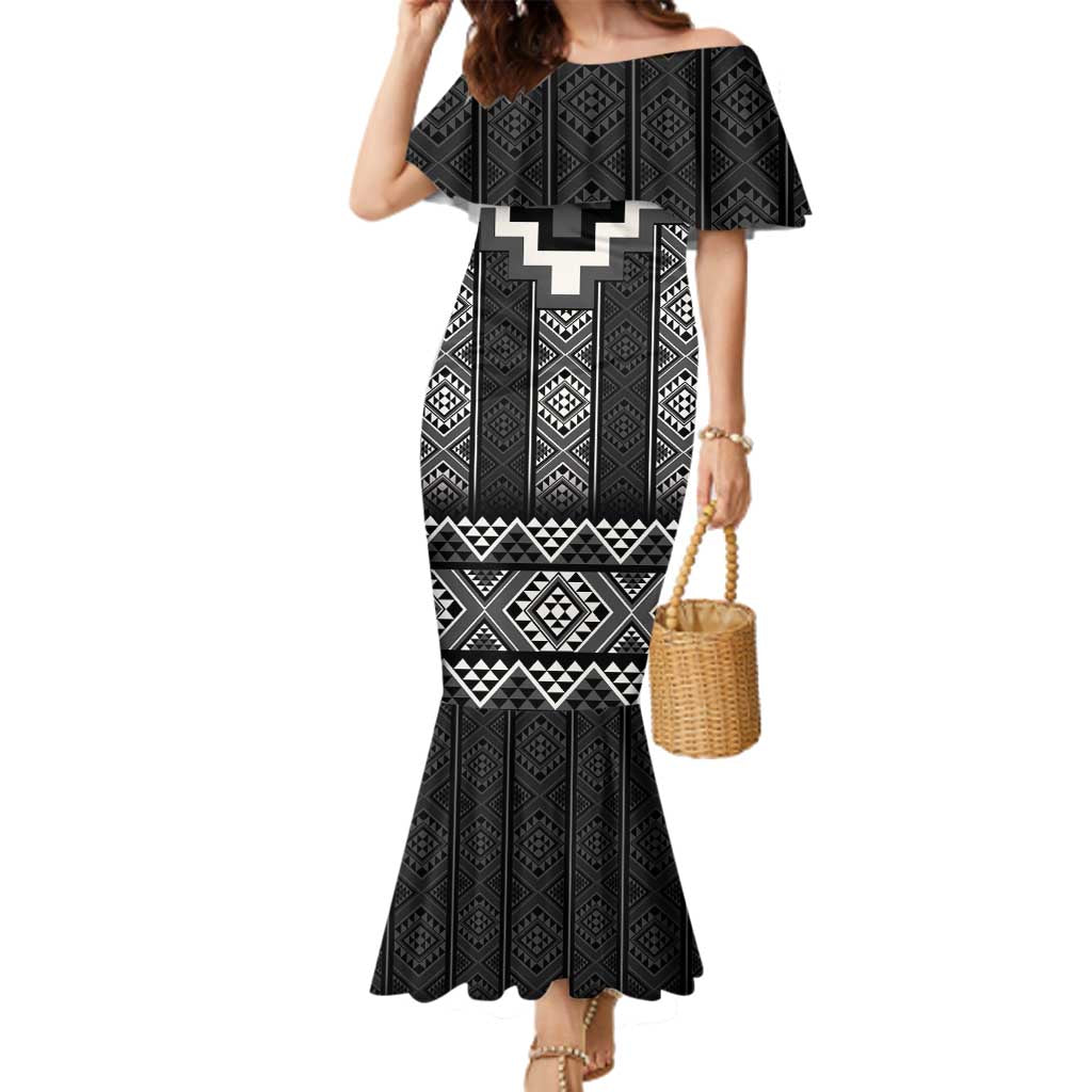 Black Taniko Aotearoa Family Matching Mermaid Dress and Hawaiian Shirt Niho Taniwha Mix Poutama LT14 Mom's Dress Black - Polynesian Pride