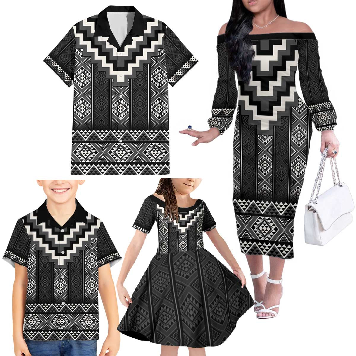 Black Taniko Aotearoa Family Matching Off The Shoulder Long Sleeve Dress and Hawaiian Shirt Niho Taniwha Mix Poutama LT14 - Polynesian Pride