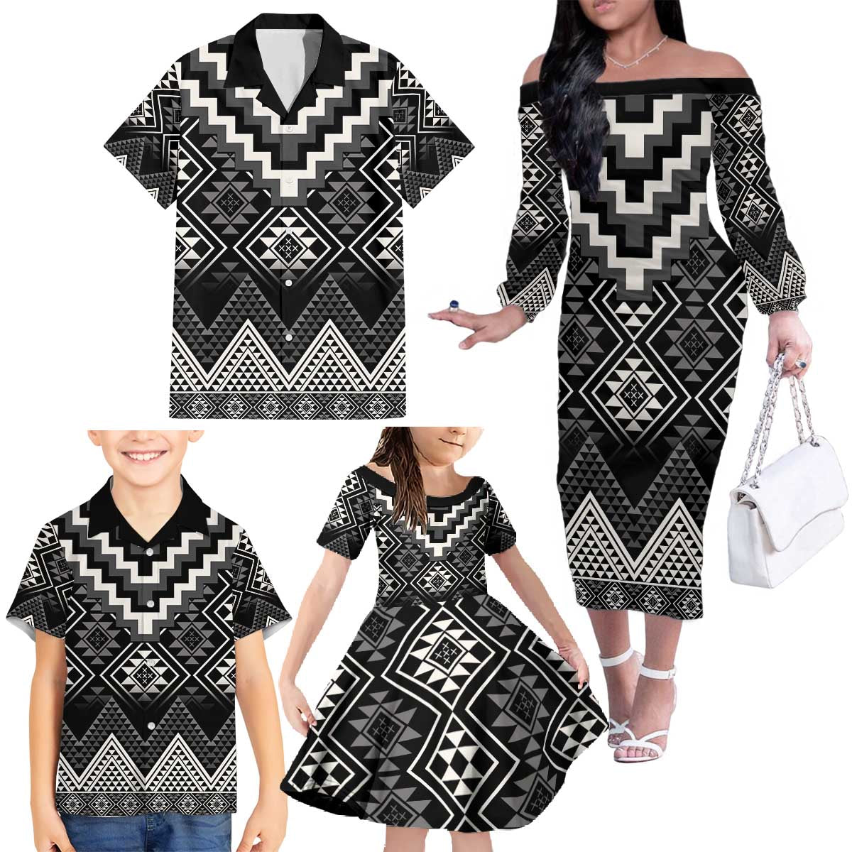 Black Taniko Aotearoa Family Matching Off The Shoulder Long Sleeve Dress and Hawaiian Shirt Niho Taniwha Mix Poutama