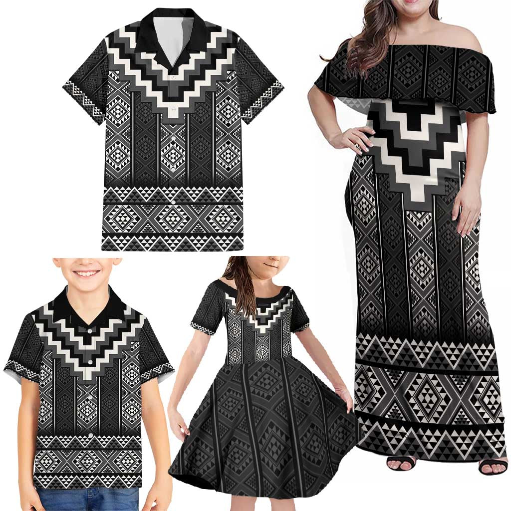 Black Taniko Aotearoa Family Matching Off Shoulder Maxi Dress and Hawaiian Shirt Niho Taniwha Mix Poutama LT14