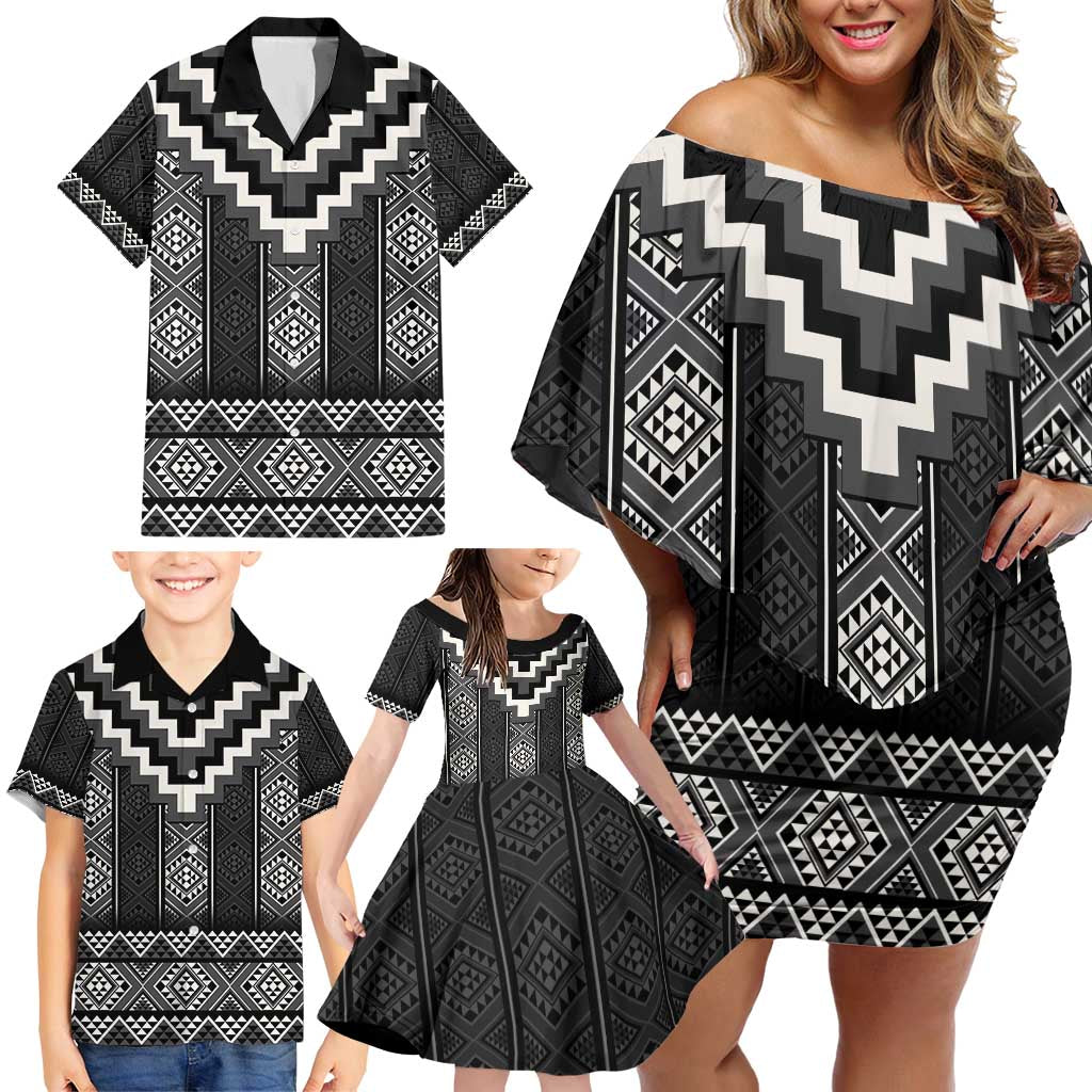 Black Taniko Aotearoa Family Matching Off Shoulder Short Dress and Hawaiian Shirt Niho Taniwha Mix Poutama LT14