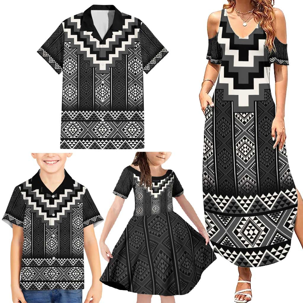Black Taniko Aotearoa Family Matching Summer Maxi Dress and Hawaiian Shirt Niho Taniwha Mix Poutama LT14 - Polynesian Pride