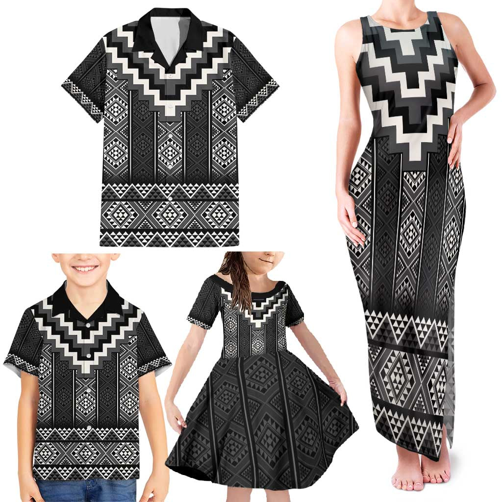 Black Taniko Aotearoa Family Matching Tank Maxi Dress and Hawaiian Shirt Niho Taniwha Mix Poutama LT14 - Polynesian Pride