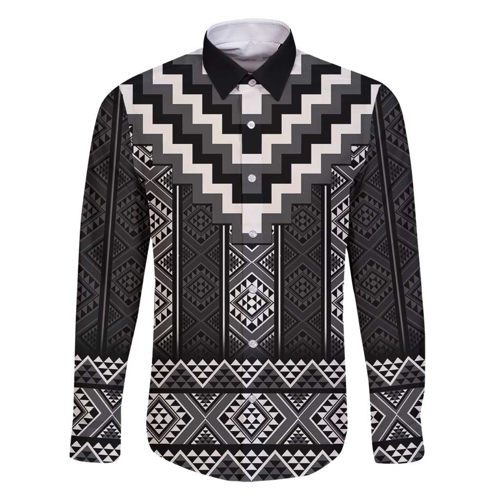 Black Taniko Aotearoa Family Matching Tank Maxi Dress and Hawaiian Shirt Niho Taniwha Mix Poutama LT14 Dad's Shirt - Long Sleeve Black - Polynesian Pride