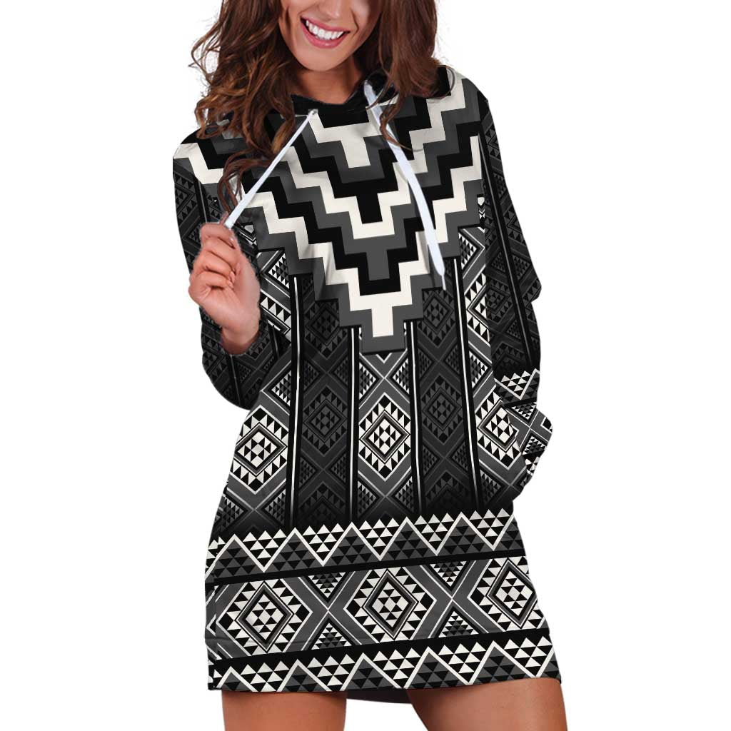 Black Taniko Aotearoa Hoodie Dress Niho Taniwha Mix Poutama LT14 Black - Polynesian Pride
