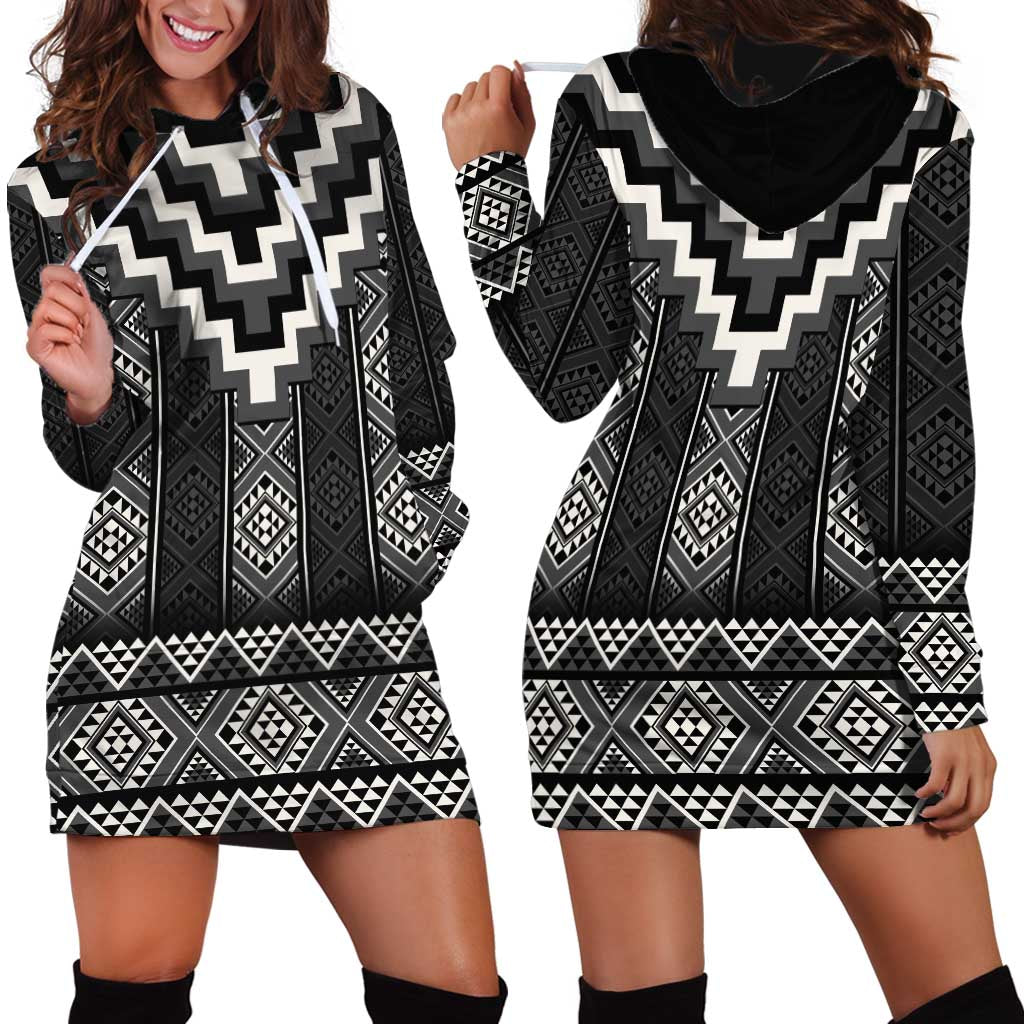 Black Taniko Aotearoa Hoodie Dress Niho Taniwha Mix Poutama LT14 - Polynesian Pride